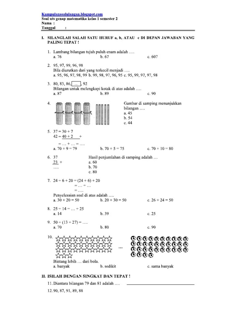 Contoh Latihan Soal: Soal Ulangan Matematika Sd Kelas 1 Semester 2
