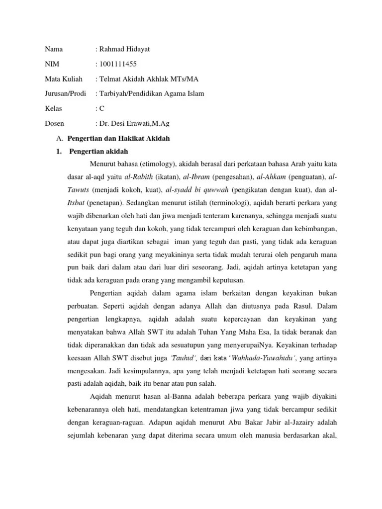 Pengertian Dan Hakikat Akidah (TUGAS BU DESI) STAIN P.RAYA | PDF