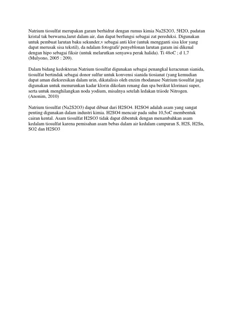 Natrium Tiosulfat Merupakan Garam Berhidrat Dengan Rumus Kimia Na2S2O3 | PDF