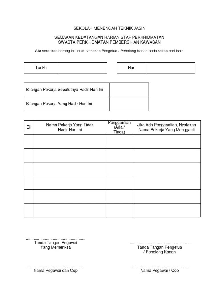 Sistem penggunaan kad perakam waktu (punch card) … Borang Semakan Kehadiran Harian Pekerja Pembersihan Kawasan Di Sekolah Pdf