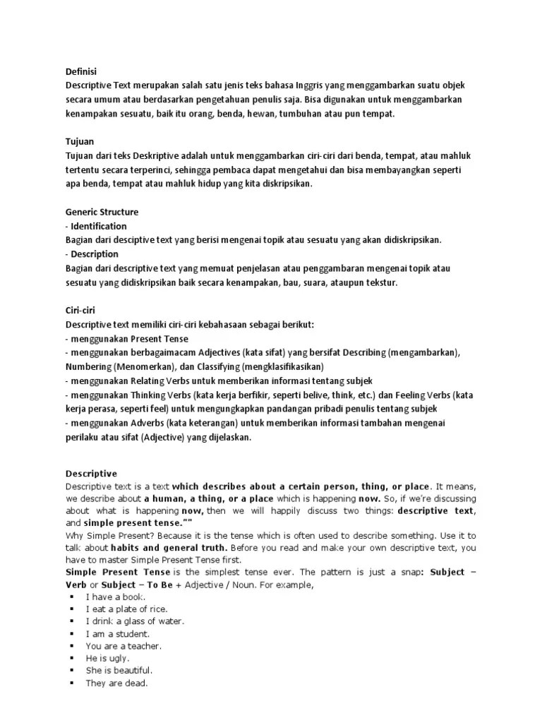 Contoh Descriptive Text Singkat Beserta Generic Structure Dan Artinya