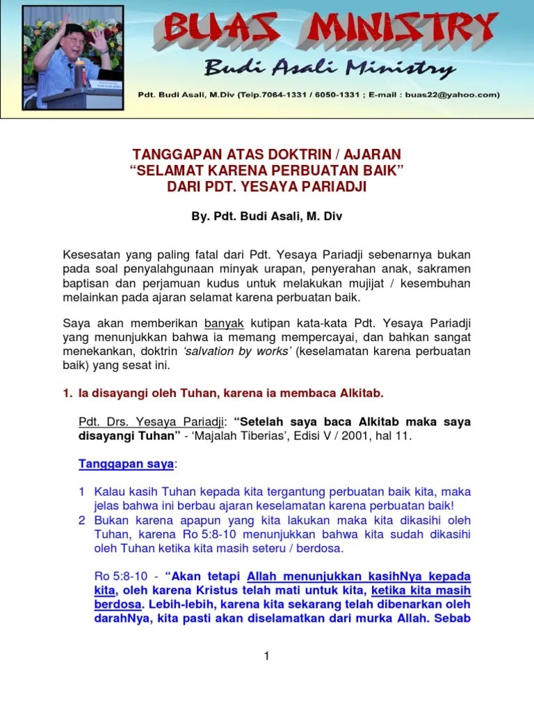 Tanggapan Atas Doktrin Selamat Karena Perbuatan Baiknya Pdt. Pariadji | PDF