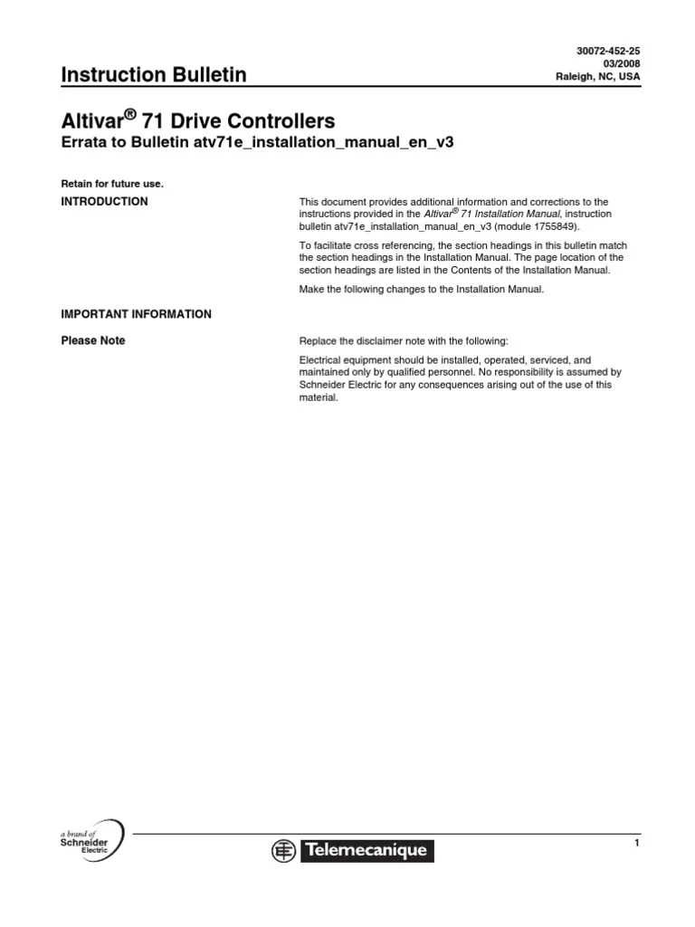 Large electric motors with a high starting torque, like an air conditioner's compressor motor, often use a start capacitor kit. Atv71 Supplementary Info 30072 452 25 Pdf Electrical Wiring Direct Current