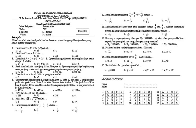 Pembahasan soal pas uas matematika kelas 7 semester 1 tahun 2021 kurikulum 2013 sebagai referensi belajar siswa. Soal Uts Matematika Kelas 7 Semester 2 Dan Kunci Jawaban Hal