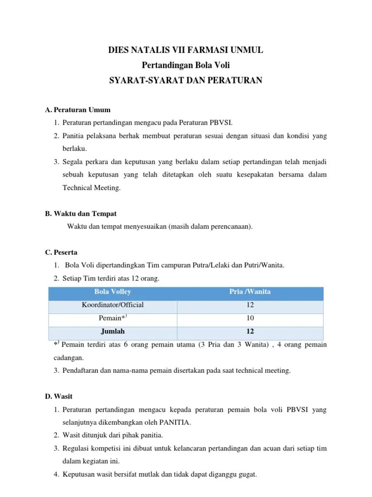 Syarat-Syarat Dan Peraturan Bola Voli Dies Natalis VII Farmasi UNMUL | PDF