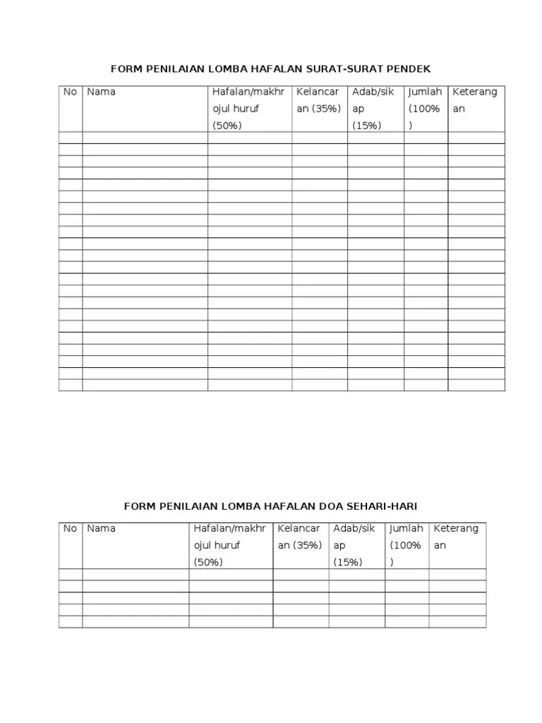 Formulir penilaian bidang fashohah dan kaedah ushuliyyah. Form Penilaian Lomba Hafalan Surat Pdf