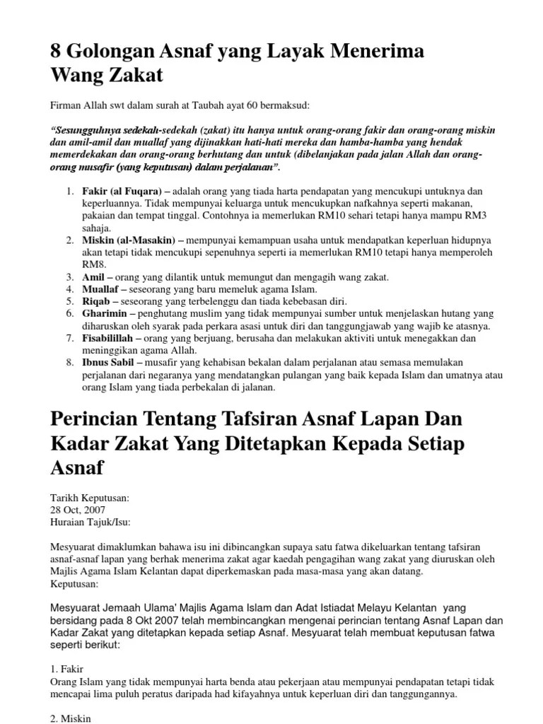 8 Golongan Asnaf Yang Layak Menerima Wang | PDF