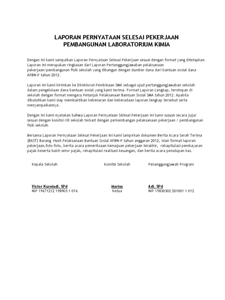 Kami yang bertanda tangan di bawah ini, . Laporan Pernyataan Selesai Pekerjaan Lab Kimia Pdf