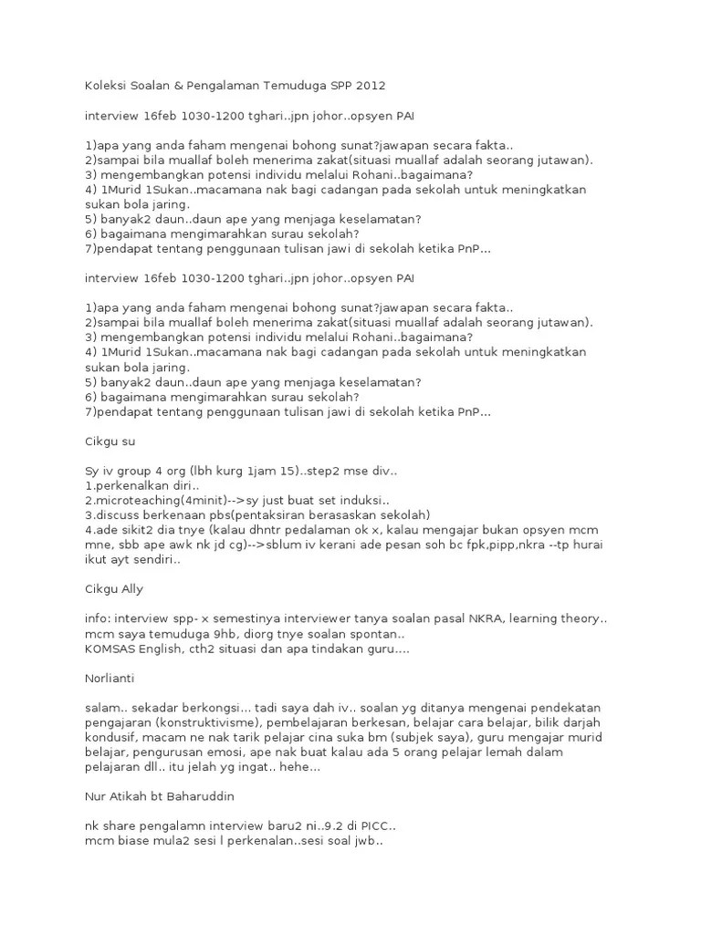 Contoh Soalan Interview Tadika  Soalan Jawapan