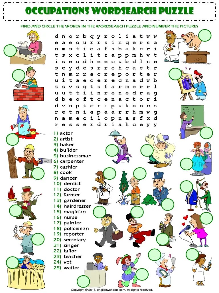 jobs occupations professions wordsearch puzzle vocabulary