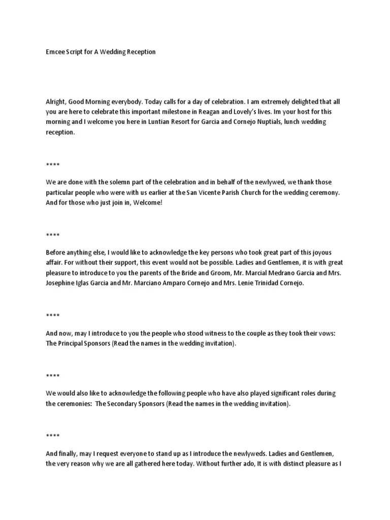Lord for the joy of this occasion, we thank you. Emcee Script for a Wedding Reception | Wedding