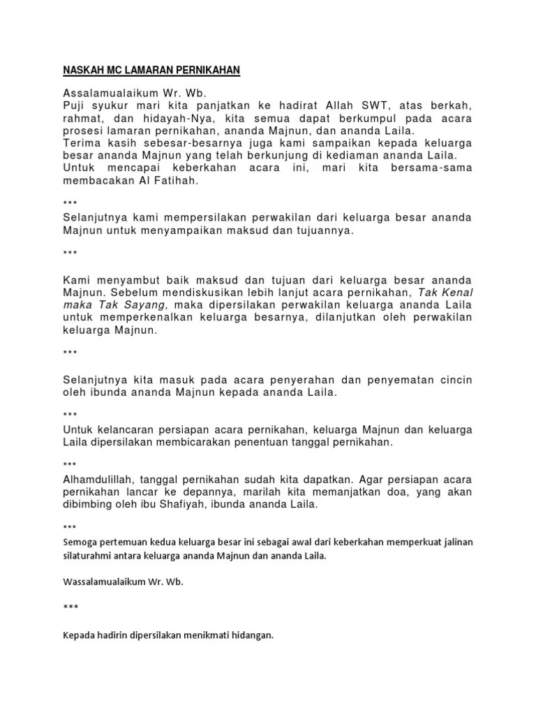 Ini kami bagikan untuk contoh pidato lamaran bahasa jawa untuk anda yang membutuhkan contoh pidato lamaran bahasa jawa tersebut yang kami sampaikan sangat lengkap sekali, sehingga anda bisa contoh pidato lamaran bahasa jawa yang kami sampaikan dibawah ini. Naskah Mc Lamaran Pernikahan Islami