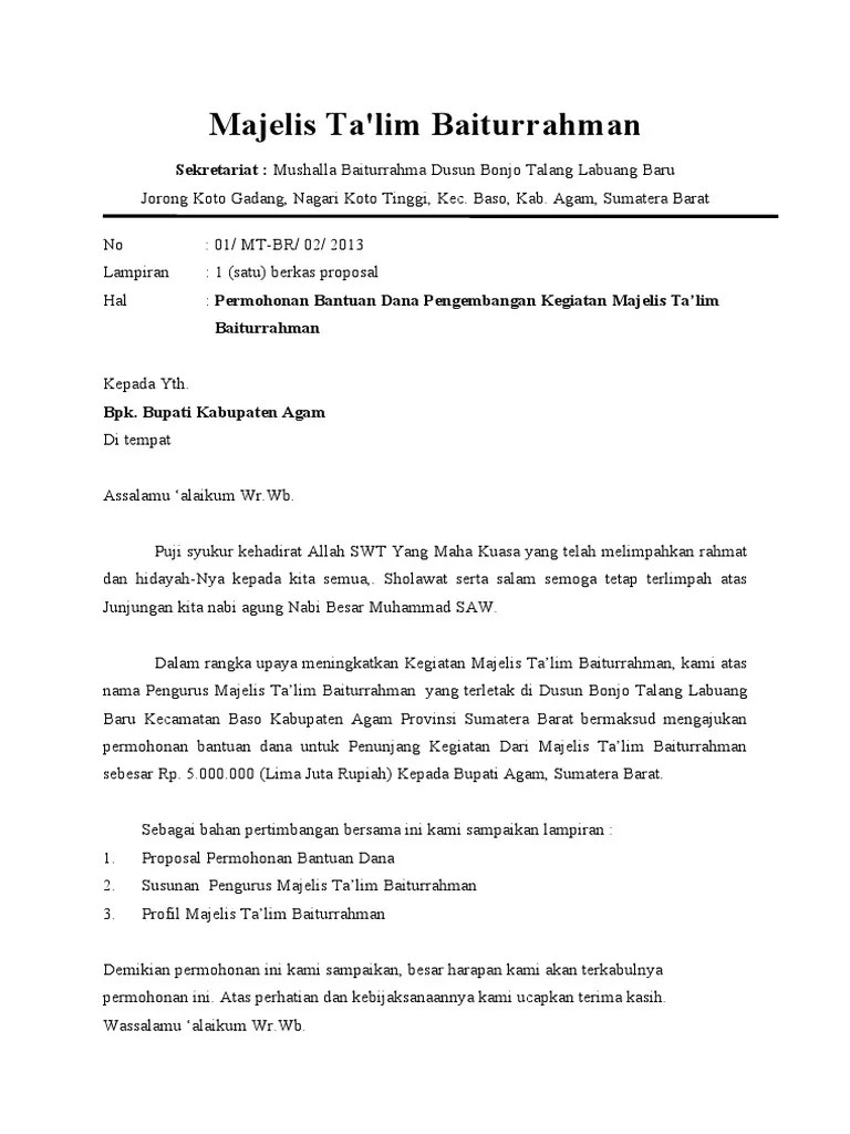 Biaya operasional, maksud kami mengajukan permohonan bantuan dana operasional untuk tetap berjalannya kegiatan pendidikan dan . Contoh Proposal Bantuan Sarana Dan Prasarana Tpq Pdf