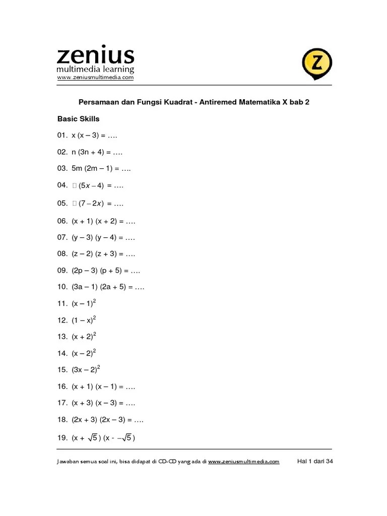 Latihan Soal Fungsi Kuadrat Kelas 10