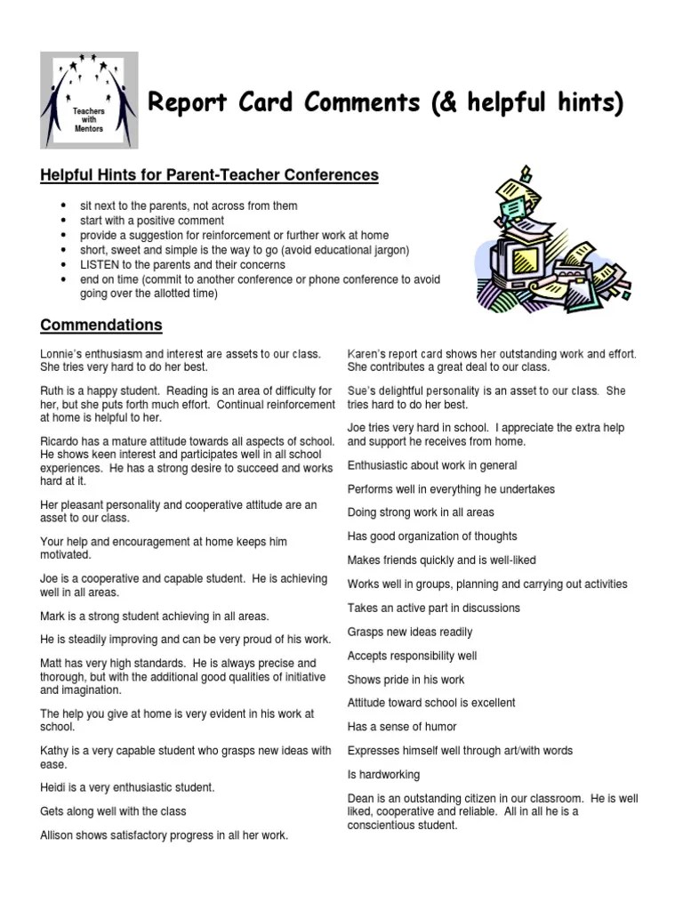 Praise comments · (child's name) is excelling in (list subjects) and consistently participates in class. 50 Quick Report Card Comments Slide Share