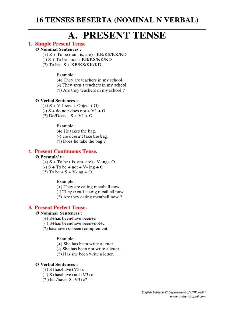 Soal simple present tense pengertian simple present tense. 16 Tenses Verbal N Nominal Pdf Grammatical Tense Perfect Grammar