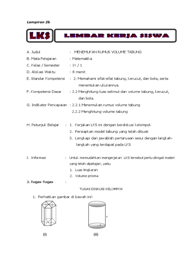 Siswa dapat menemukan rumus luas permukaan prisma. Lks Volume Tabung Pdf