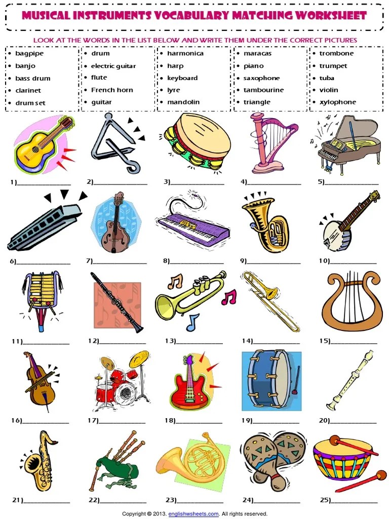 musical instruments vocabulary matching exercise worksheet pdf