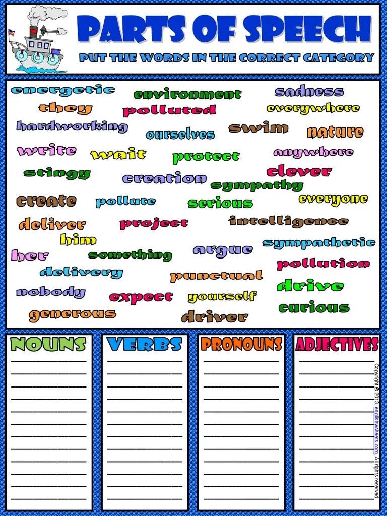parts of speech verbs nouns adjectives pronouns worksheet