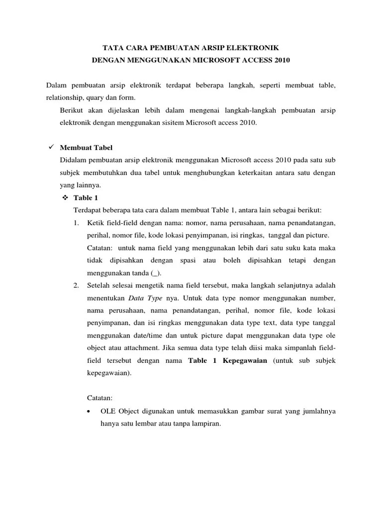 Langkah - Langkah Pembuatan Arsip Elektronik Menggunakan Program Ms. Access  | PDF
