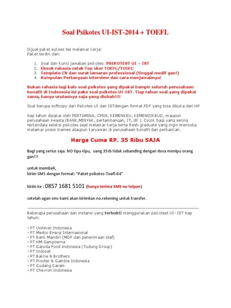 Tes psikotes ketika melamar kerja tidak selalu mudah untuk dilalui. Jual Soal Ebook Psikotes Toefl Pdf