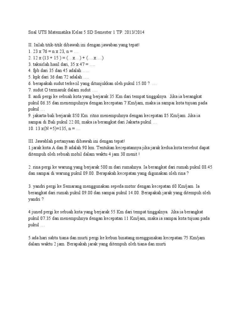 Soal UTS Matematika Kelas 5 SD Semester 1 TP | PDF