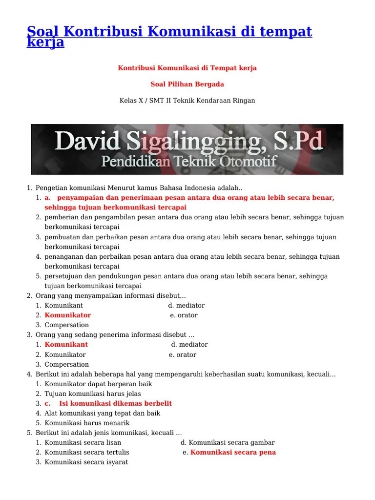 Contoh Soal Pilihan Ganda Komunikasi Di Tempat Kerja