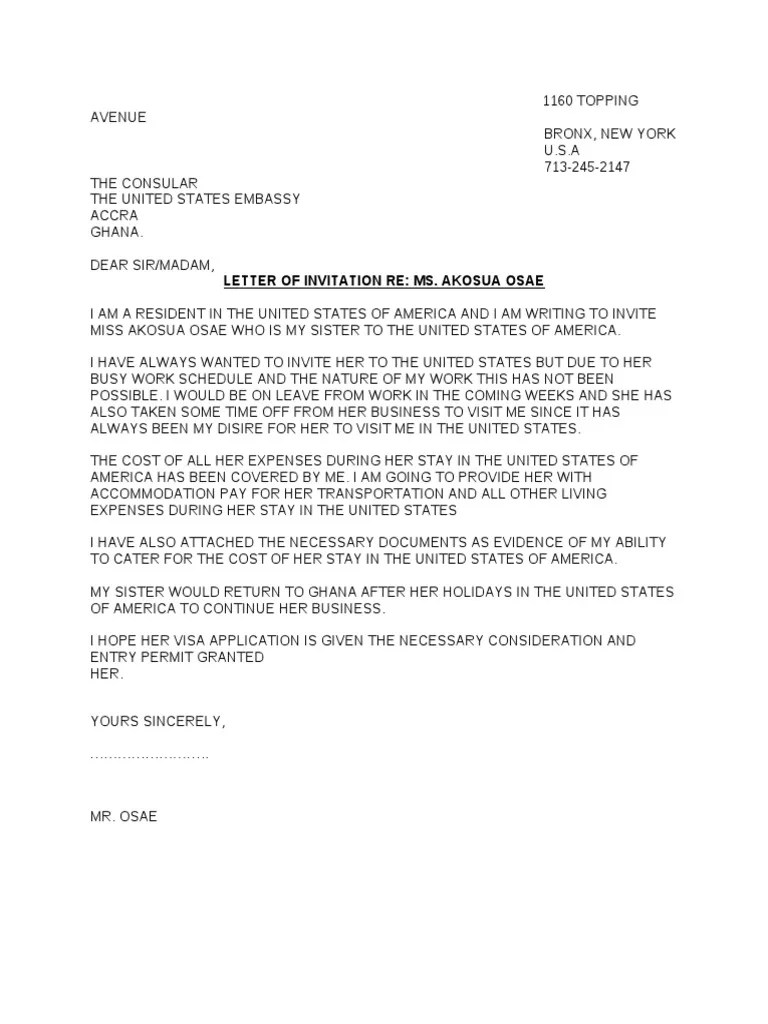 An invitation letter for a visa application is a letter that the applicant has to submit to the embassy or consulate where they are applying for a visitor visa. Invitation Letter America Non Immigrant Visa Application Letter Pdf