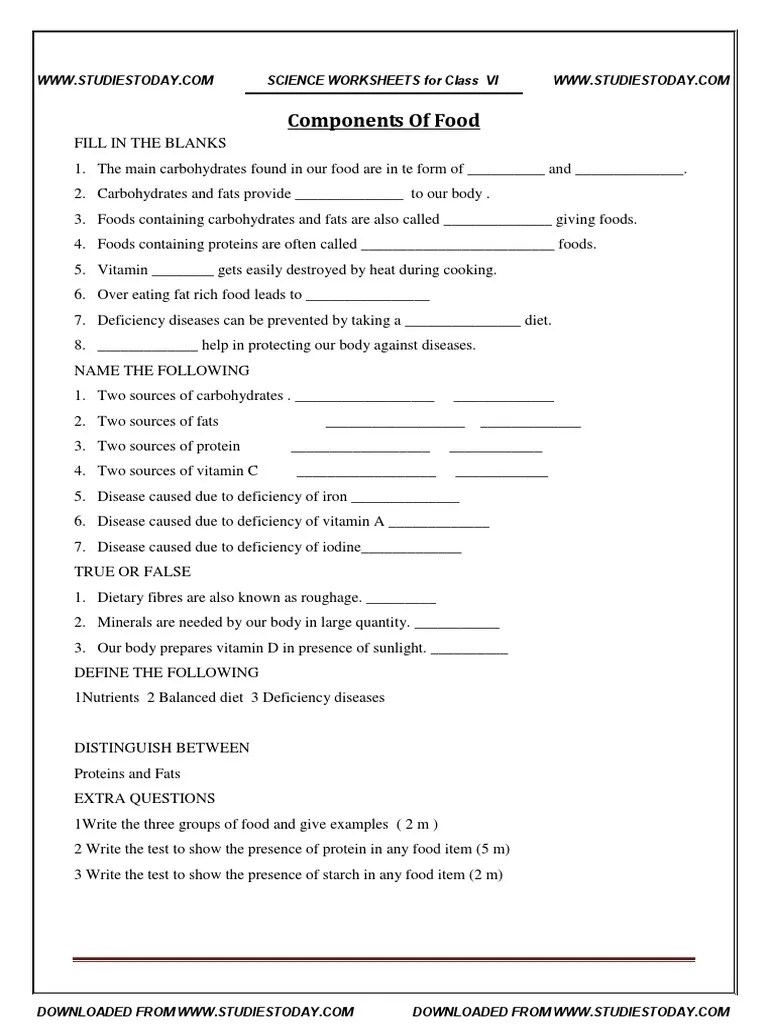 cbse class 6 worksheet components of food vitamin carbohydrates
