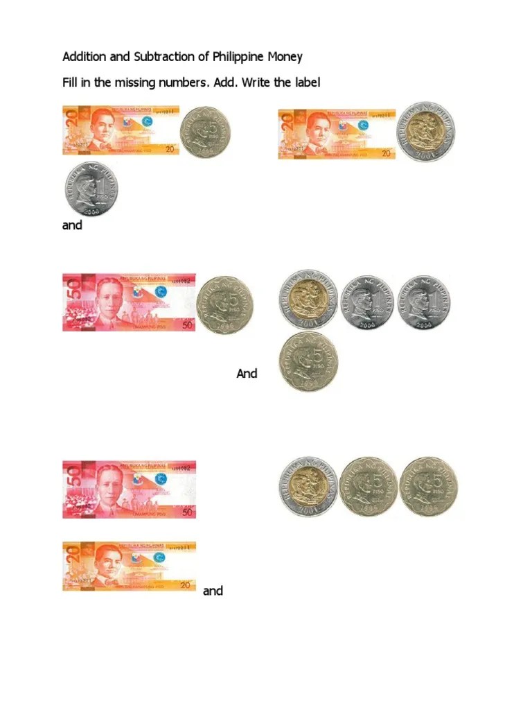 addition and subtraction of philippine money coins and pesos