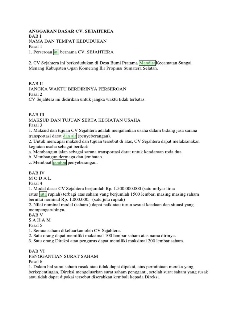 Perubahan anggaran dasar dalam rangka perubahan modal dasar harus . Contoh Anggaran Dasar Dan Anggaran Rumah Tangga Cv