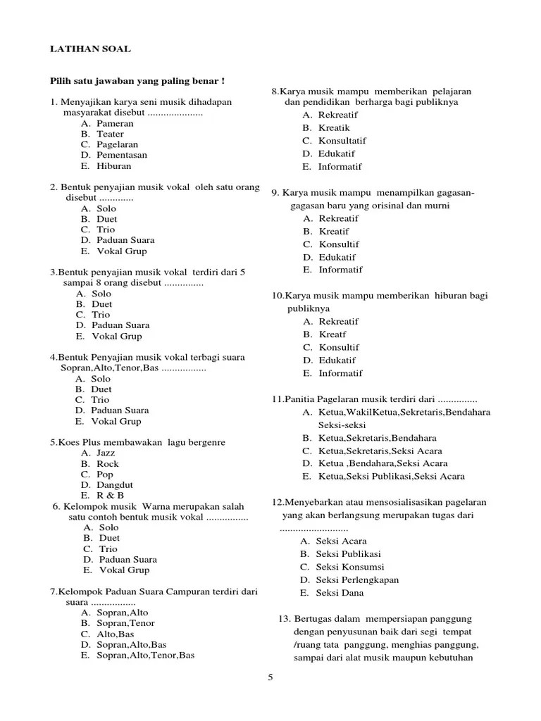 Soal seni budaya kelas 10 sma ma dan kunci jawabannya 2019. Latihan Soal Seni Musik Kelas 10 Pdf