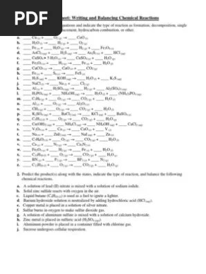For each of the following problems, write complete chemical equations to . Worksheet Balancing Chemical Equations With Type Of Reaction Pdf Chemical Compounds Sets Of Chemical Elements