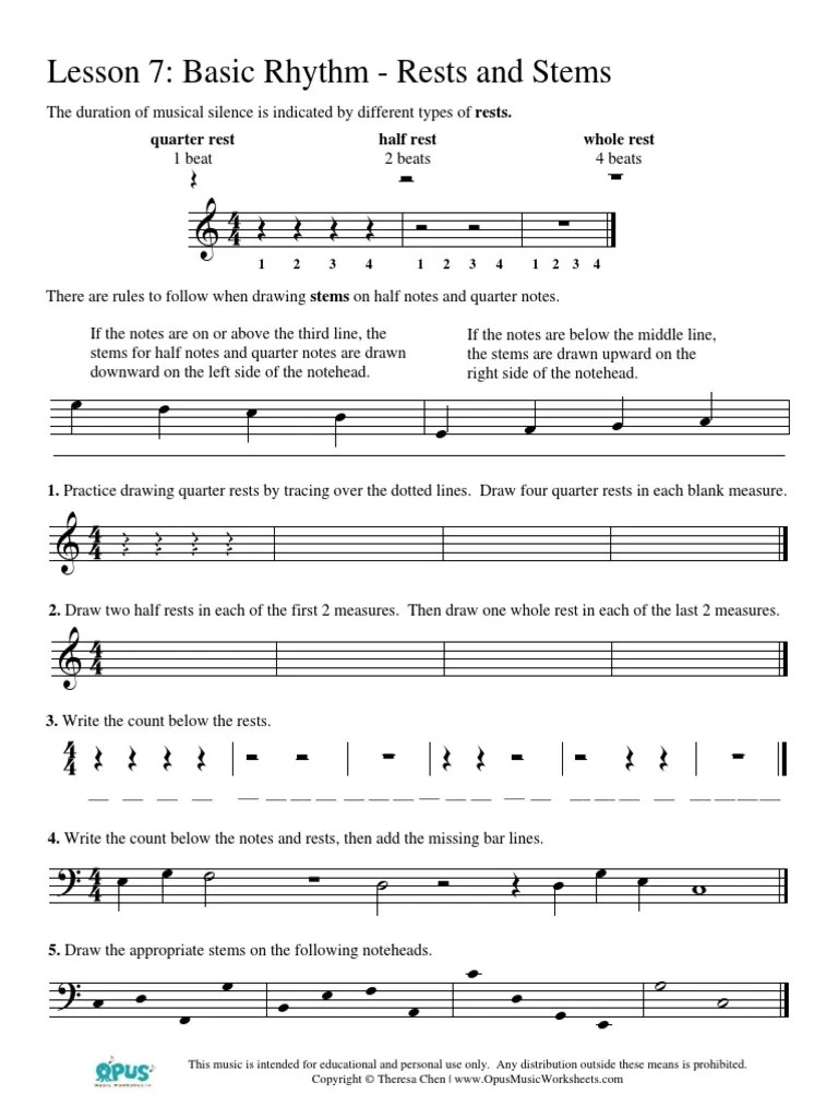 Clap the rhythms while counting out loud. Music Theory Worksheet 7 Rests Stems Pdf Musical Notation Musical Forms