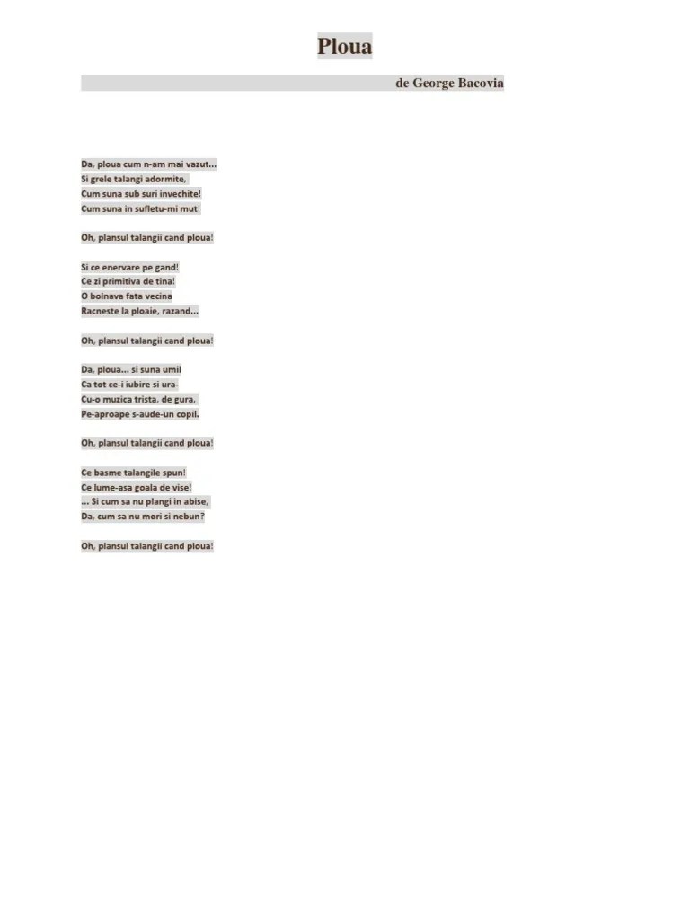 Oh, plansul talangii cand ploua! Ploua Bacovia