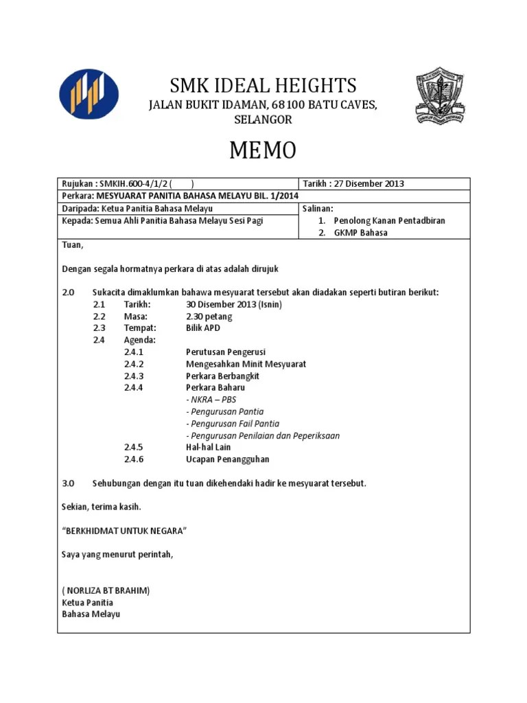 Tidak menimbulkan kesan negatif kepada pembaca. Contoh Memo Mesyuarat Panitia Smkih Pdf