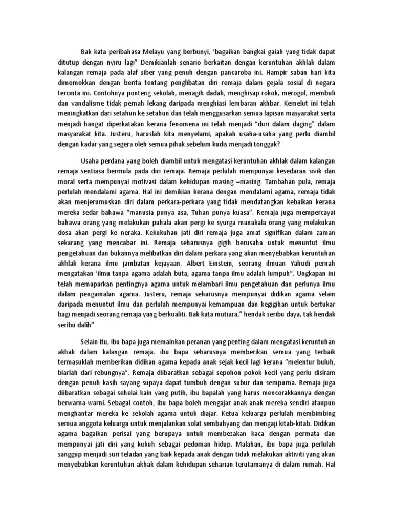 Pada era modenisasi ini, penggunaan media sosial dalam kehidupan seharian. Karangan Panjang Keruntuhan Akhlak Dalam Kalangan Remaja Oleh Lydia Tang 4d Pdf