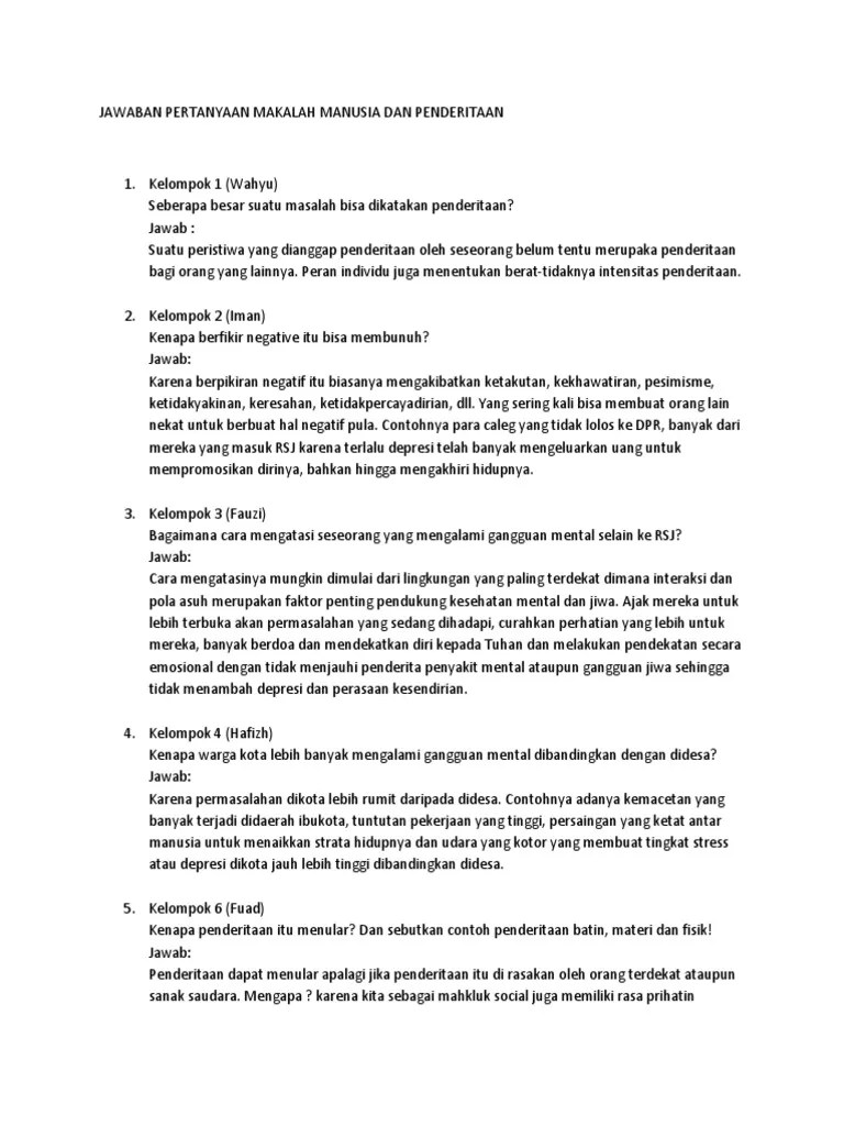 Jawaban Pertanyaan Makalah Manusia Dan Penderitaan | PDF