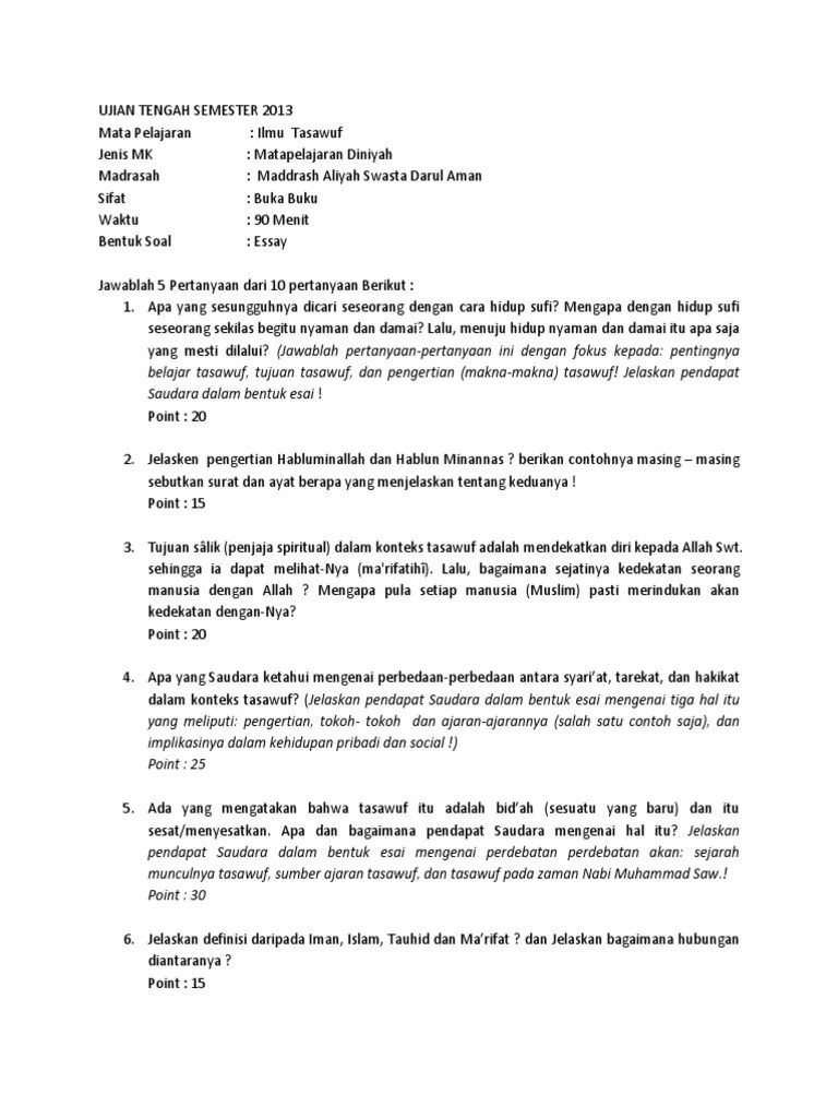 Soal Uts Akhlak Tasawuf