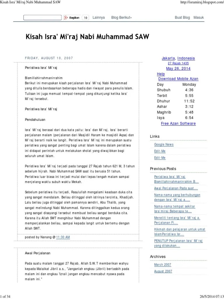 Hadits Pendek Tentang Isra Miraj - Nusagates