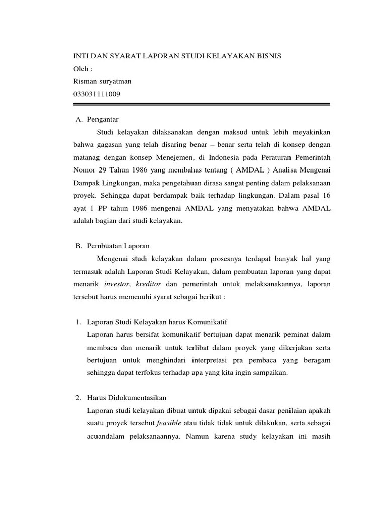 INTI DAN SYARAT LAPORAN STUDI KELAYAKAN BISNIS Risman PDF | PDF