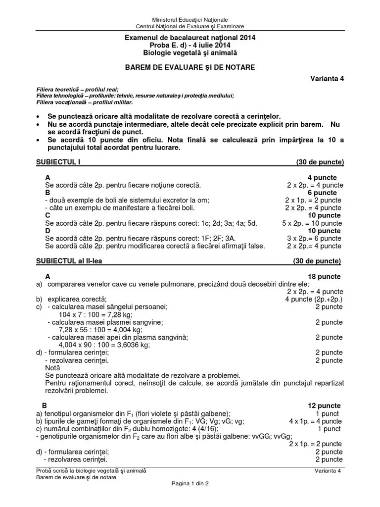 Subiectele la biologie vegetală şi animală . Barem Bio Veg Anim Bac 2014 Pdf