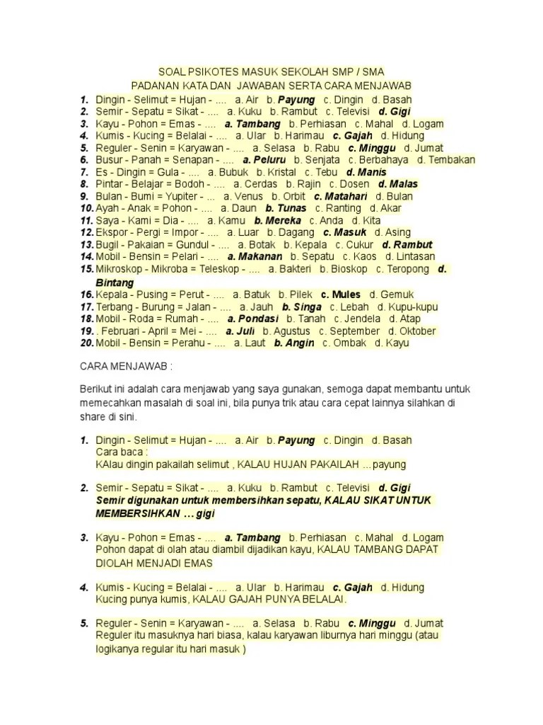 25+ Contoh Soal Psikotes Sd Ke Smp - Contoh Soal Terbaru