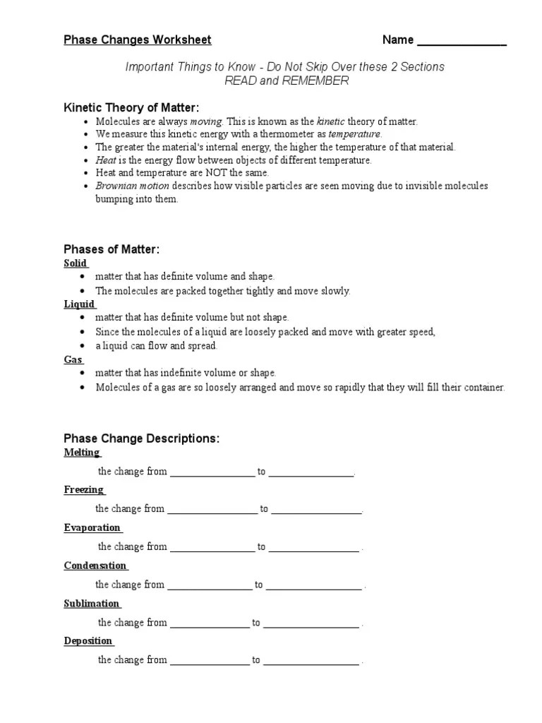 Match the correct phase change to its definition. Phase Changes Worksheet Pdf Latent Heat Phase Matter