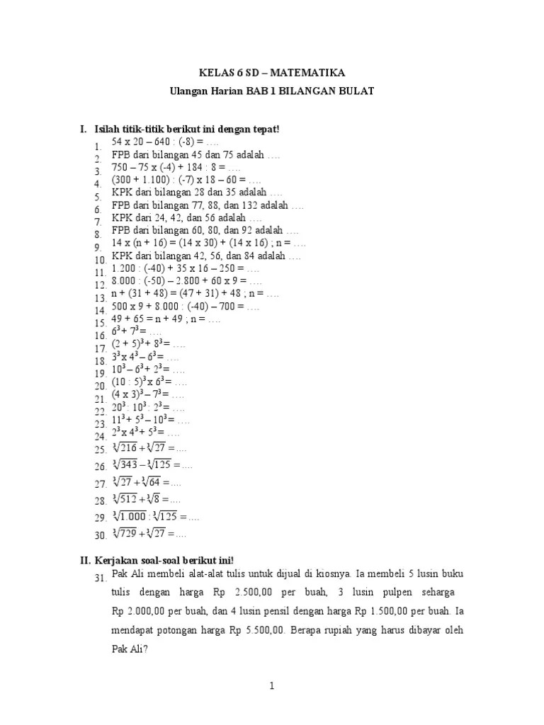 soal latihan uts pkn kelas 1 semester 1 ktsp docx lembar kerja laki laki. Soal Matematika Kelas 6 Sd Semester I Bilangan Bulat Pdf