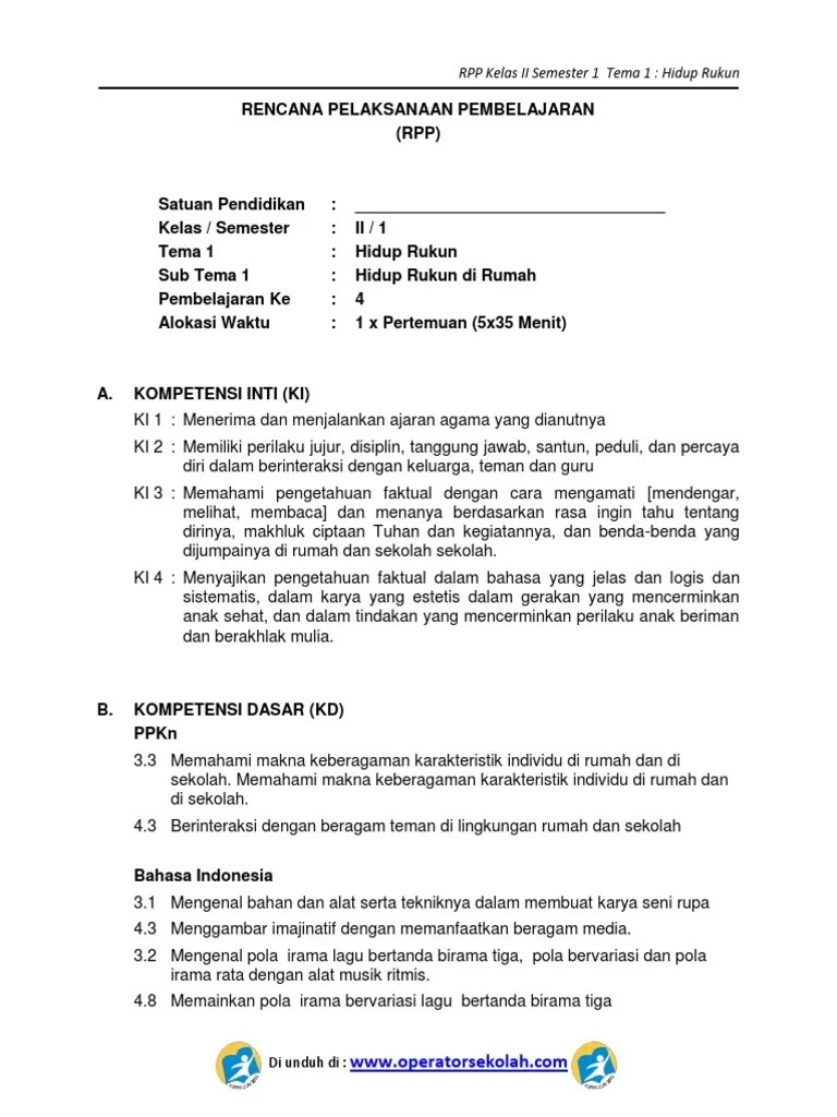 RPP KURIKULUM 2013 SD KELAS 2 SEMESTER 1 - Tema Hidup Rukun - Sub Tema 1 -  Hidup Rukun Di Rumah - Pembelajaran 4 PDF | PDF