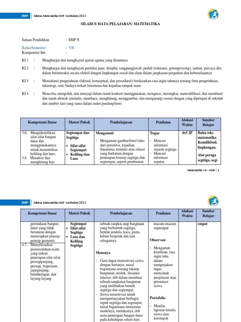 Keliling persegi yang mempunyai luas 441 cm² adalah. Rpp Matematika Smp Kelas 7 Kurikulum 2013 Segitiga