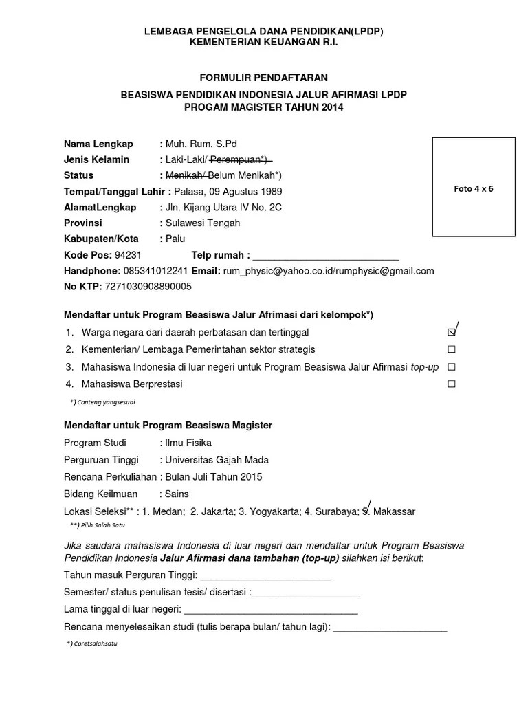 Penerimaan mahasiswa baru (pmb) sekolah pascasarjana (sps) universitas. Formulir Pendaftaran Bpi Afirmasi 2014 Elc Print Pdf