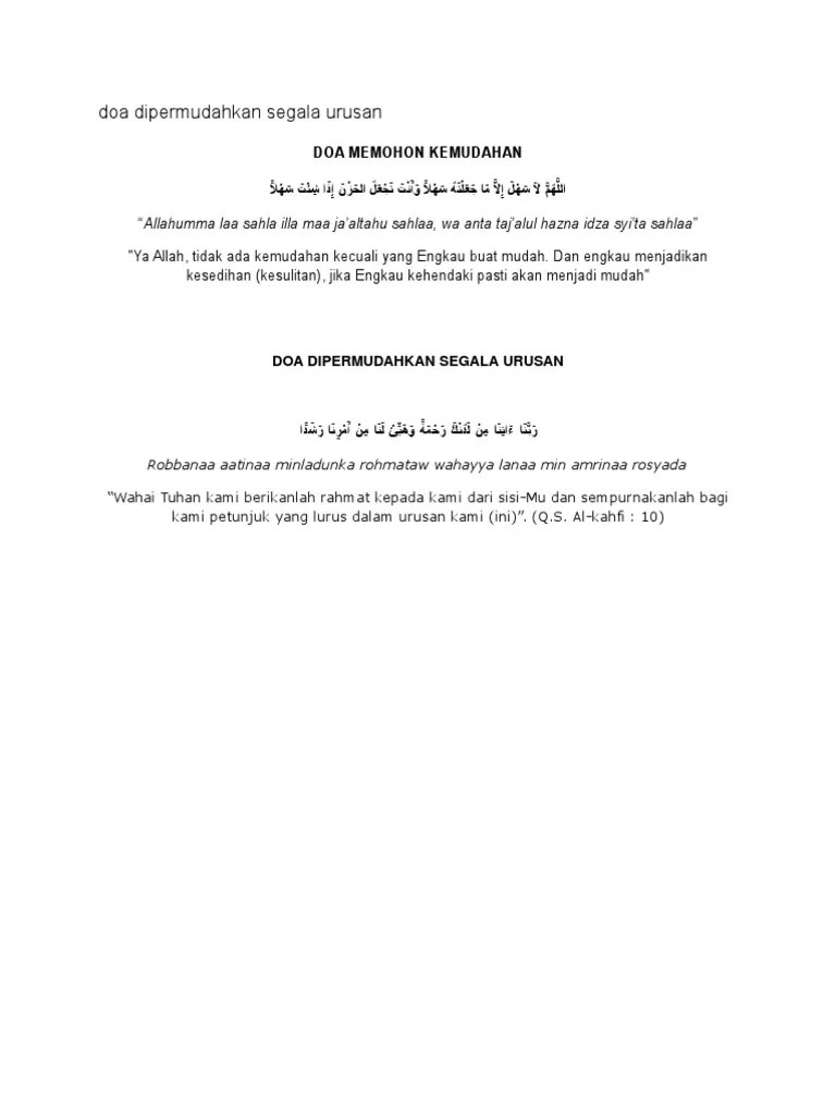 Ya rabbku, lapangkanlah untukku dadaku, mudahkanlah untukku urusanku, dan lepaskanlah kekakuan dari lidahku, supaya mereka mengerti perkataanku. Doa Dipermudahkan Segala Urusan Pdf