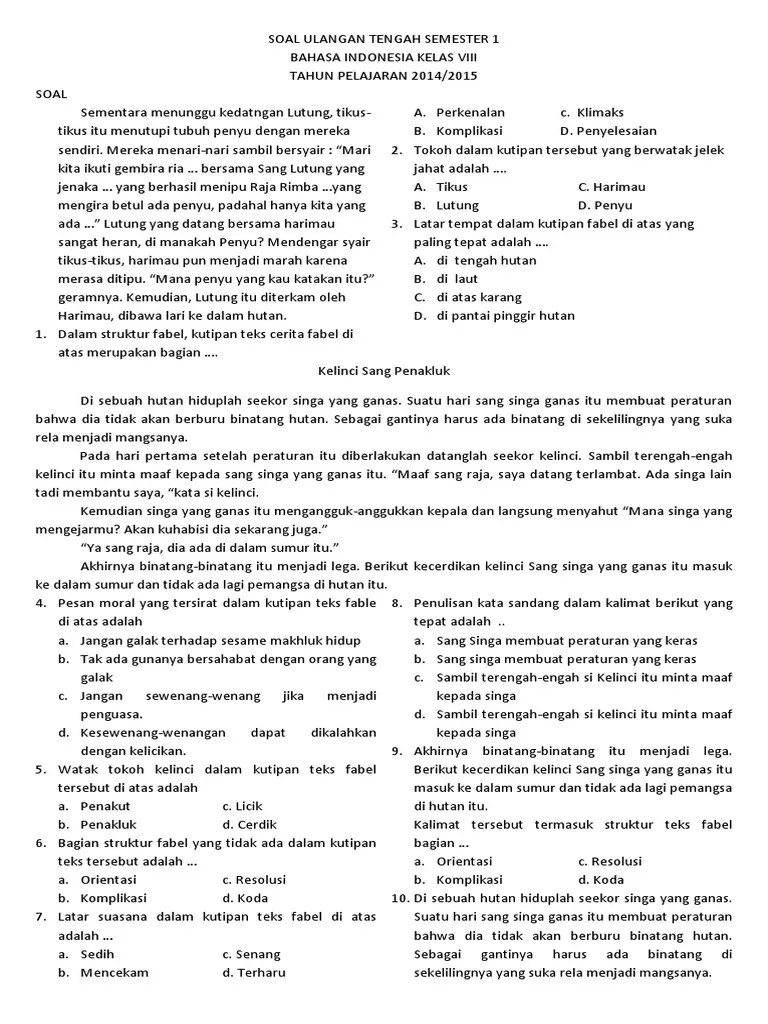 Kumpulan soal (esai/uraian) materi cerita rakyat. Contoh Soal Fabel Essay Beserta Jawabannya